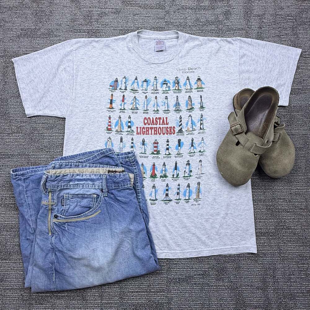 Vintage Sherry's Best Coastal Lighthouses Graphic T-Shirt Gray XL